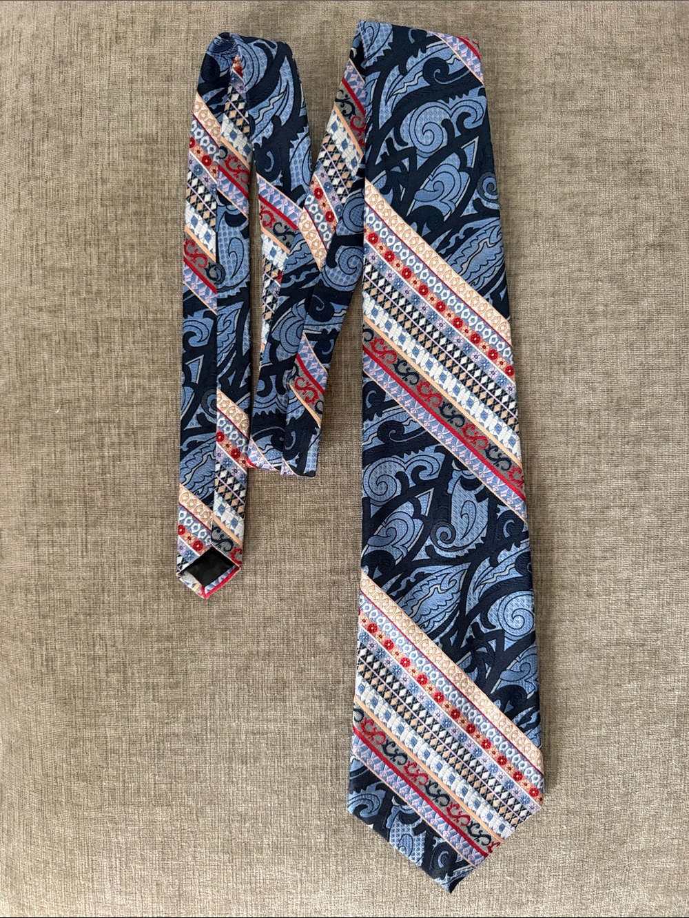 Vintage Dino Orsini Tie Dark Blue Paisley, Geometric Stripes